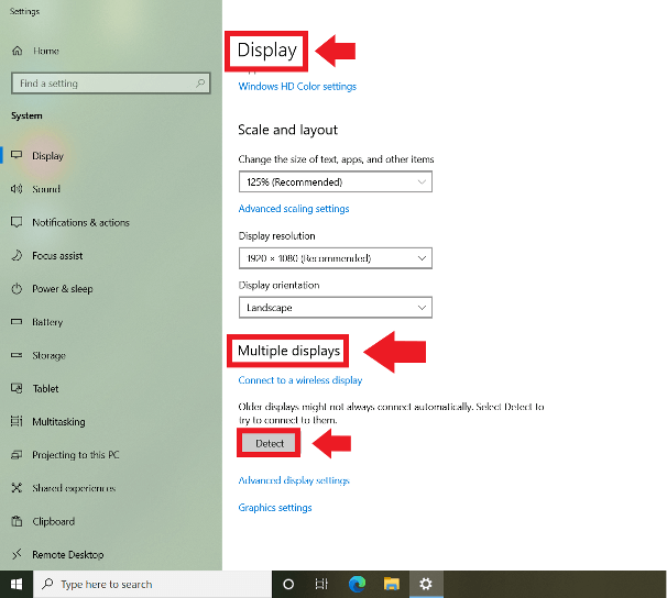 Windows 10: Menú de configuración con ajustes de pantalla y detección de dispositivos