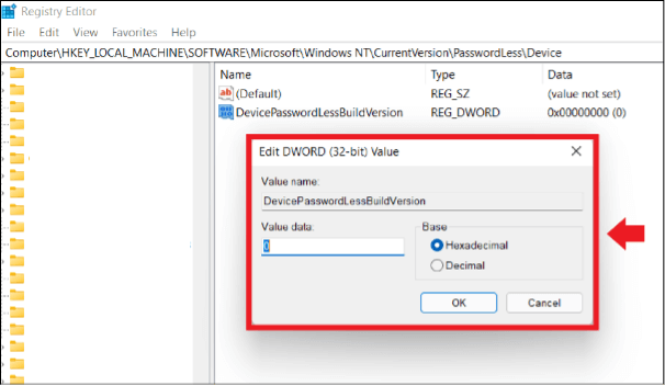 Windows 11: ventana de menú en el editor de registro para cambiar la solicitud de contraseña