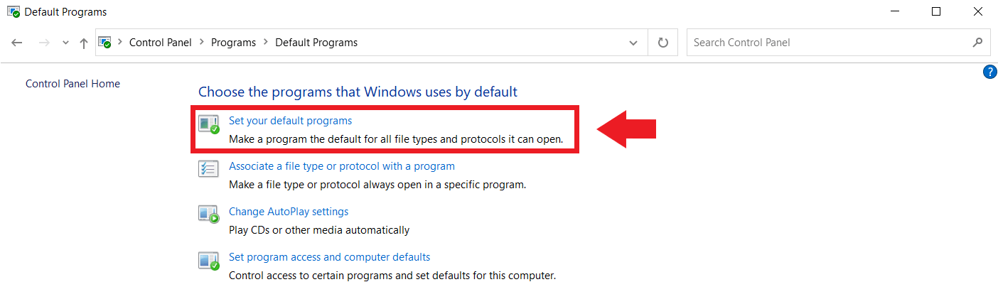 Panel de control de Windows: opción de “Establecer programas predeterminados”