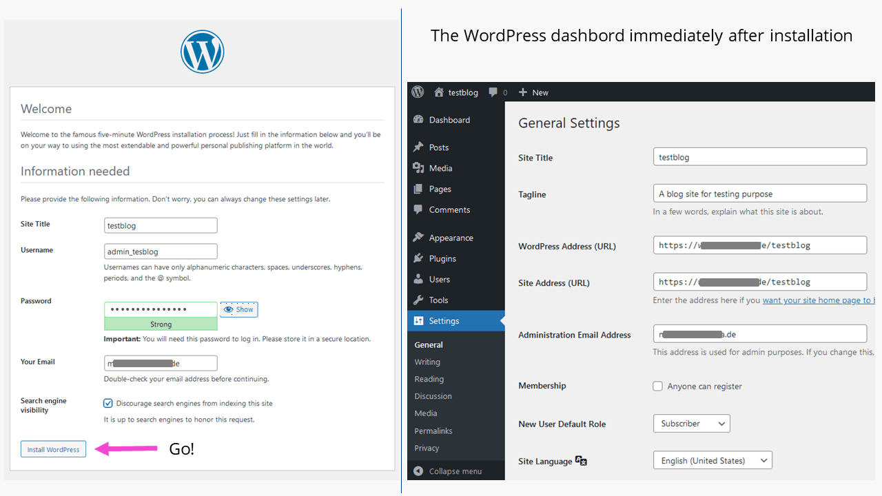 Blog de WordPress: la instalación de WordPress para el blog ha finalizado