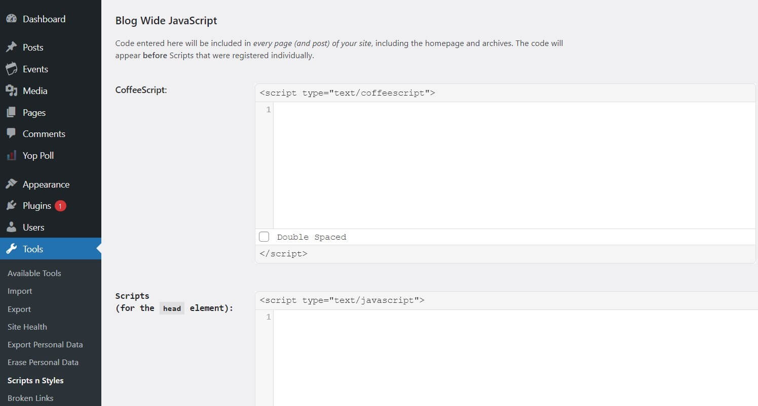 WordPress: Inserción de código JavaScript con el plugin “Scripts n Styles”