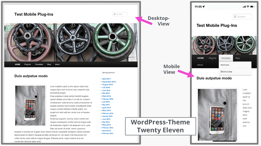 Visualización de la plantilla Twenty Eleven de WordPress en el escritorio y en el móvil