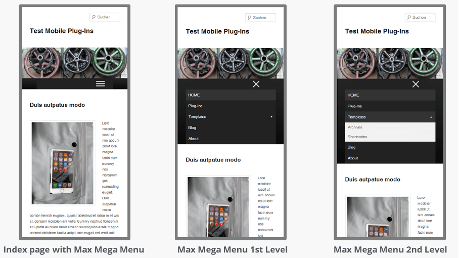 Visualización de un sitio web en su interfaz para móviles con el plugin Max Mega Menu instalado