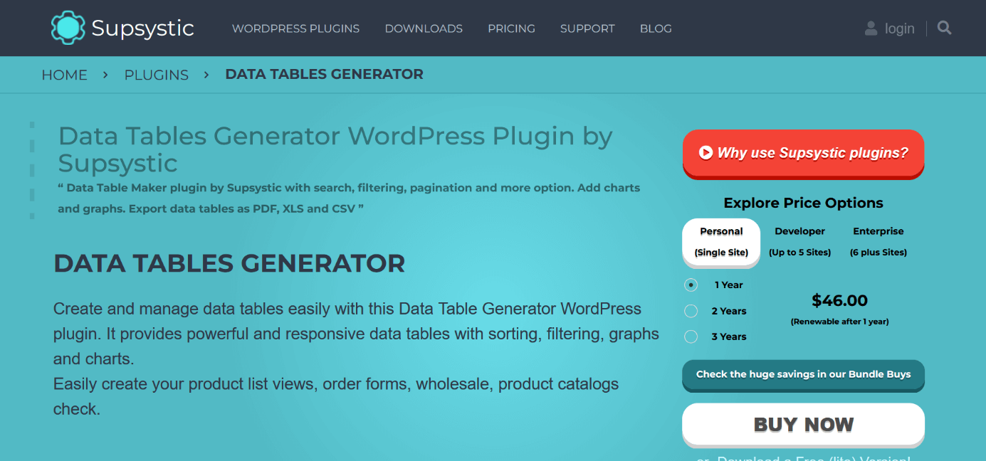Captura de pantalla de la página de inicio del plugin de WordPress para tablas “Data Tables Generator”