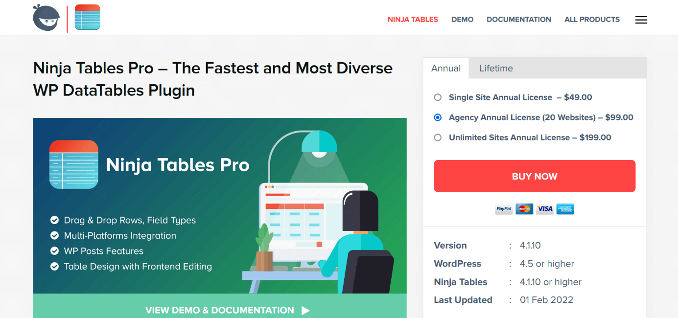 Captura de pantalla de la web del plugin de tabla para WordPress “Ninja Tables Pro”