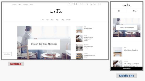 Capturas de pantalla de la plantilla de blog de WordPress Weta para dispositivo móvil y de escritorio