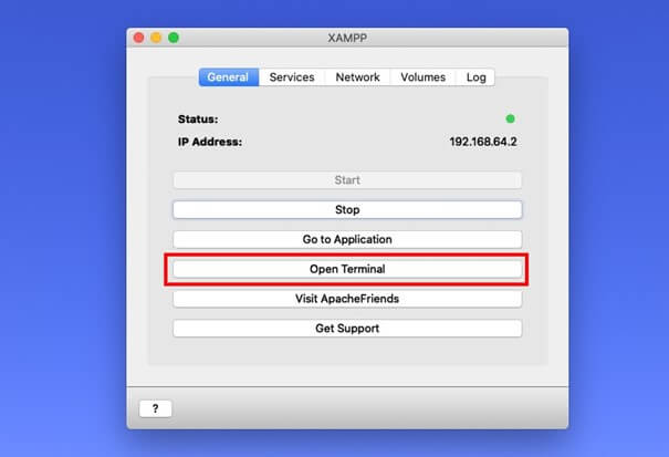 Interfaz de usuario de XAMPP con el botón “Open Terminal”