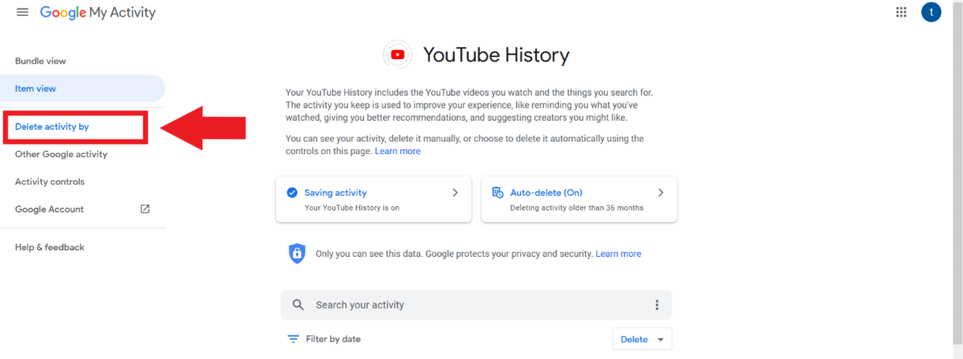 YouTube: opción “Eliminar actividad por”