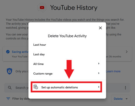 Botón de YouTube “Configurar la eliminación automática”