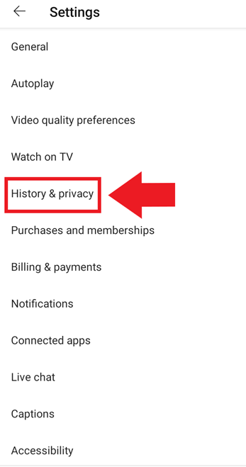 Configuración de la app de YouTube: “Historial y privacidad”