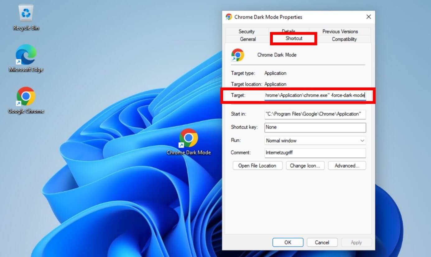 Captura de pantalla del menú de propiedades de un acceso directo en Windows 11