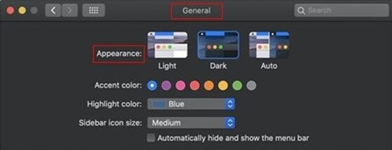 Captura de pantalla de la opción de modo oscuro de Mac