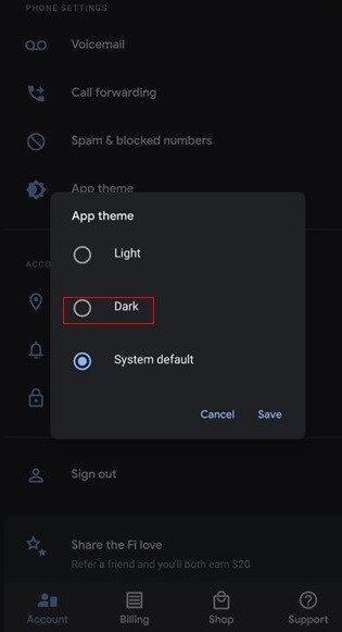 Captura de pantalla de la opción de modo oscuro de los dispositivos Android