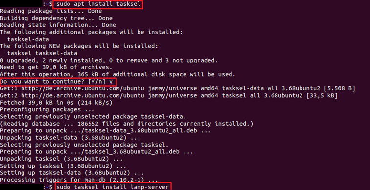 Captura de pantalla de la terminal de Ubuntu tras introducir el comando de instalación de Tasksel y del servidor LAMP