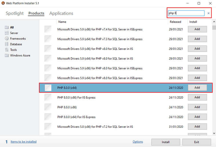 Captura de pantalla de la pestaña “Products” del Microsoft Web Platform Installer con la opción “Add”