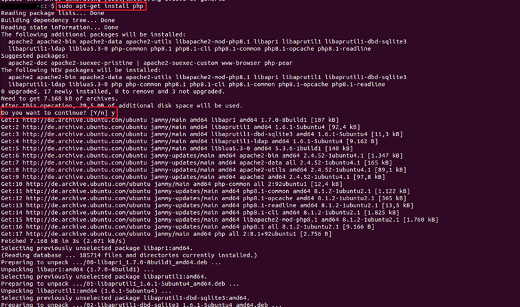 Captura de pantalla de la terminal de Ubuntu tras introducir el comando de instalación de PHP