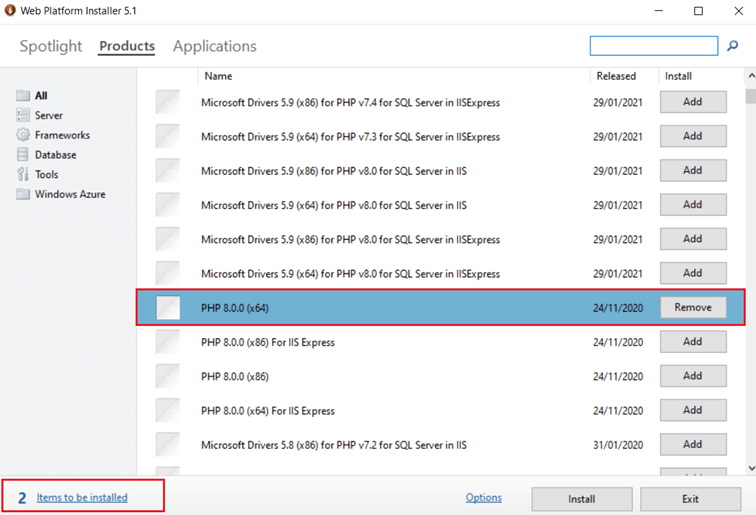 Captura de pantalla de la pestaña “Products” en el Microsoft Web Platform Installer con la opción “Install”