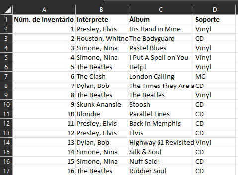 Una base de datos de varias columnas con el ejemplo de una colección de música.