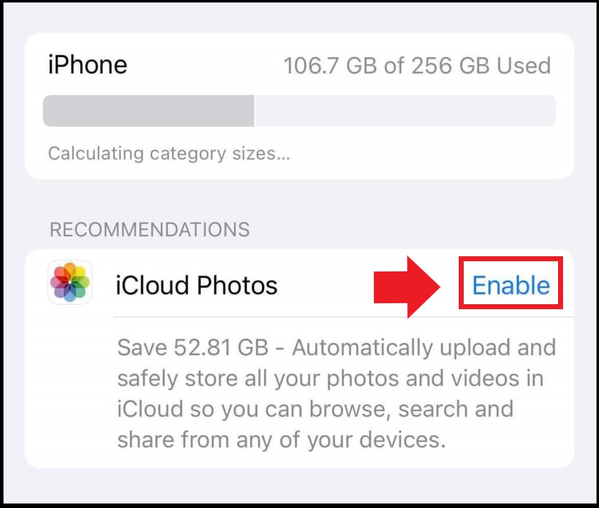 Captura de pantalla de la función del iPhone “Fotos de iCloud” en el área de “Almacenamiento del iPhone”