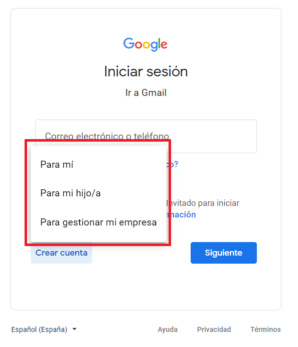 Opciones para crear una cuenta en la página de registro de Google