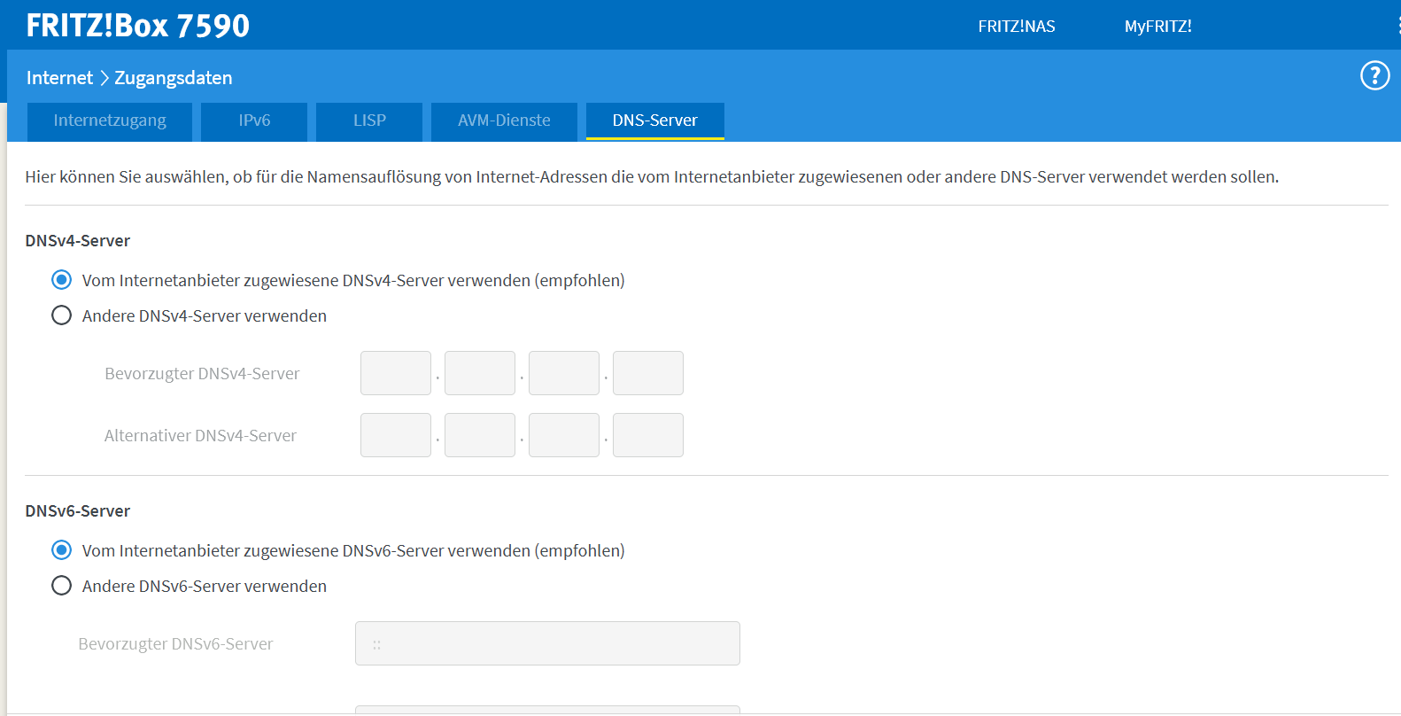 Configuración DNS en el área de administración de un Fritz!Box Configuración DNS en el área de administración de un Fritz!Box