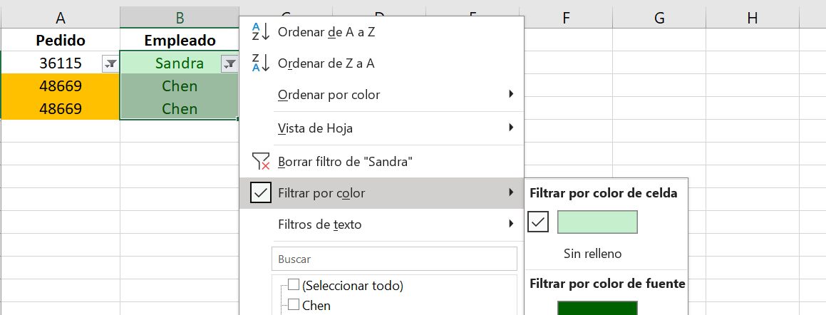 Filtrar tabla de Excel por color de celda