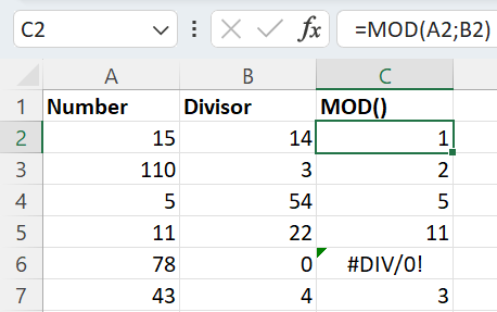 Ejemplo de una función MOD de Excel