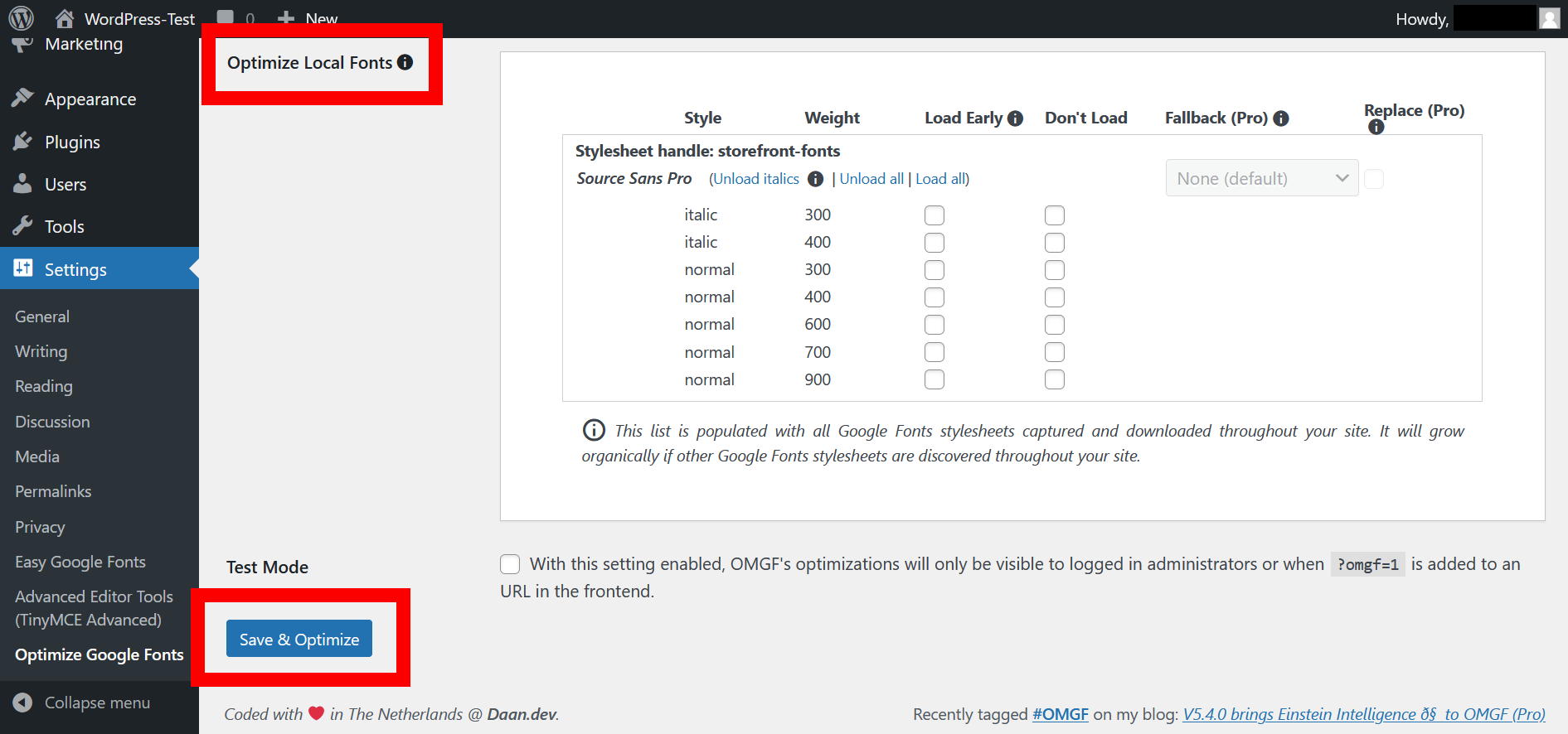 Captura de pantalla de la configuración del plugin OMGF