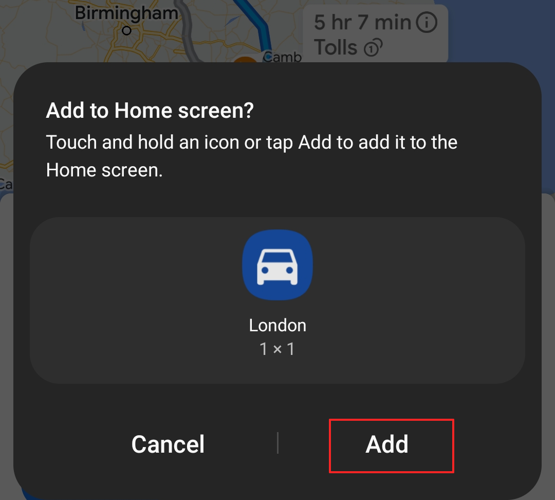 Captura de pantalla de la función “Añadir a la pantalla de inicio” en Google Maps