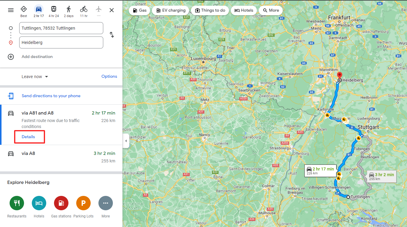 Captura de pantalla de una ruta en Google Maps