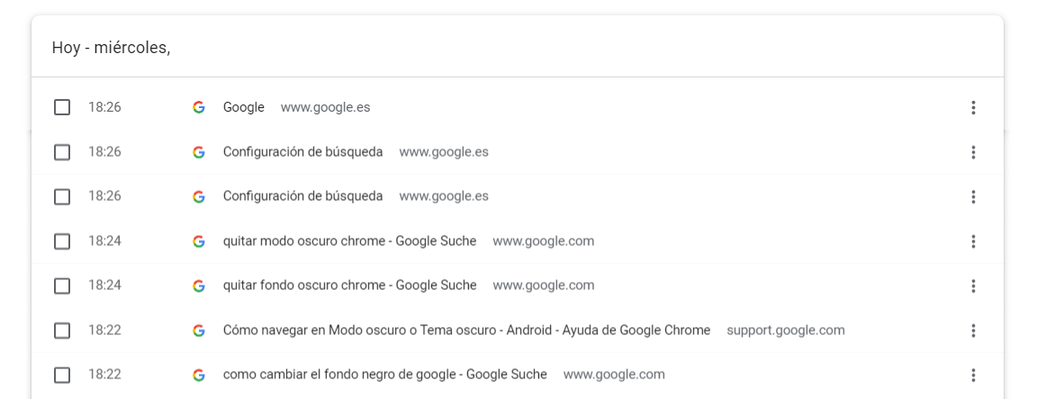 Captura de pantalla del historial de búsqueda de Google en el navegador Chrome