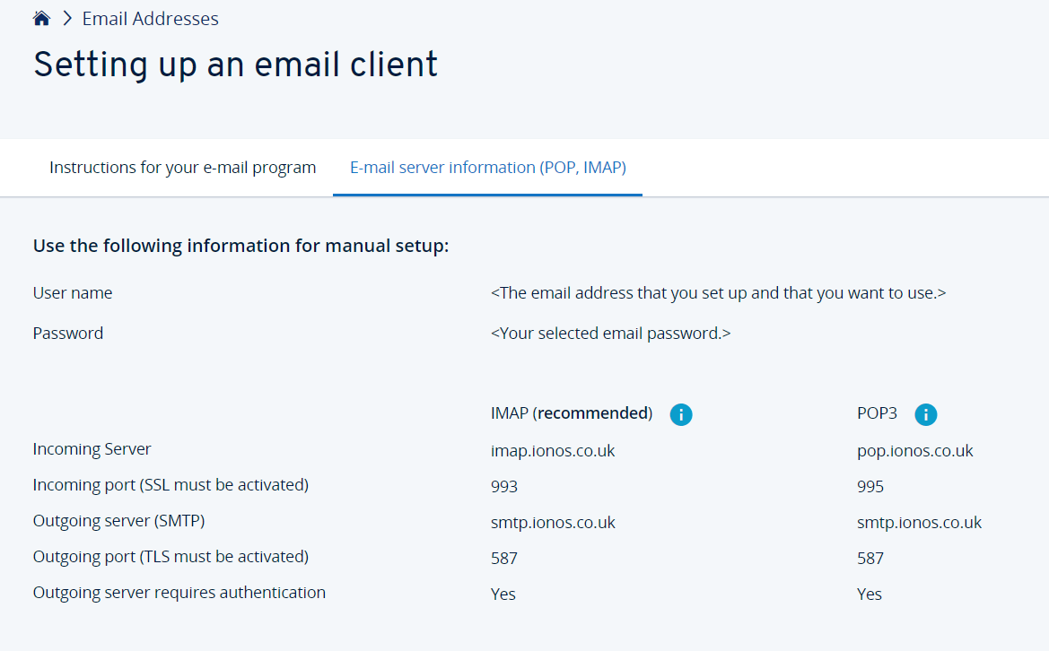 IONOS: configurar programa de e-mail incluyendo SMTP Auth