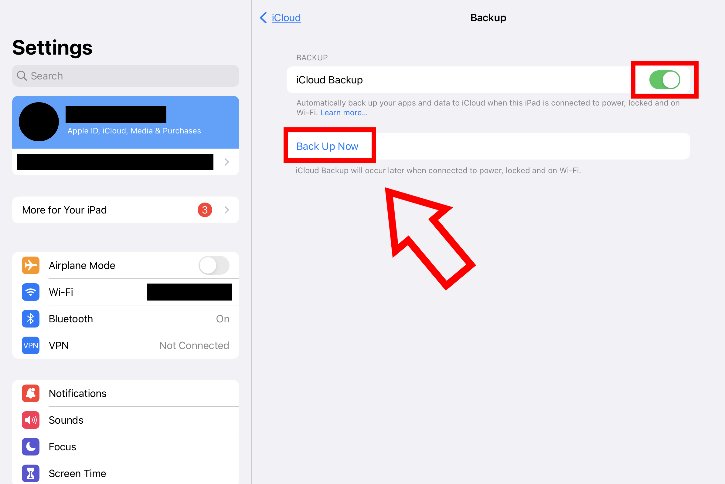 Captura de pantalla de las opciones de copia de seguridad de iCloud en los ajustes del iPad