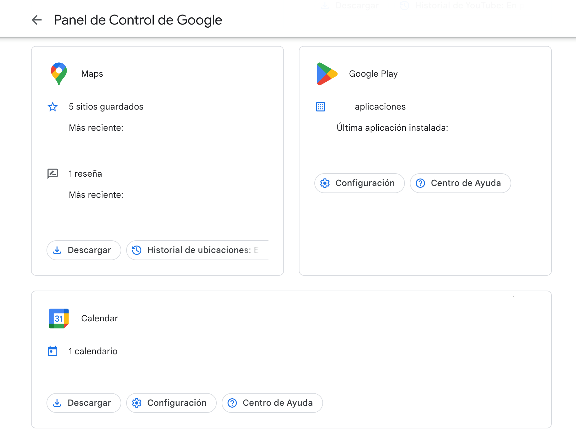 Captura de pantalla del panel de control de Google