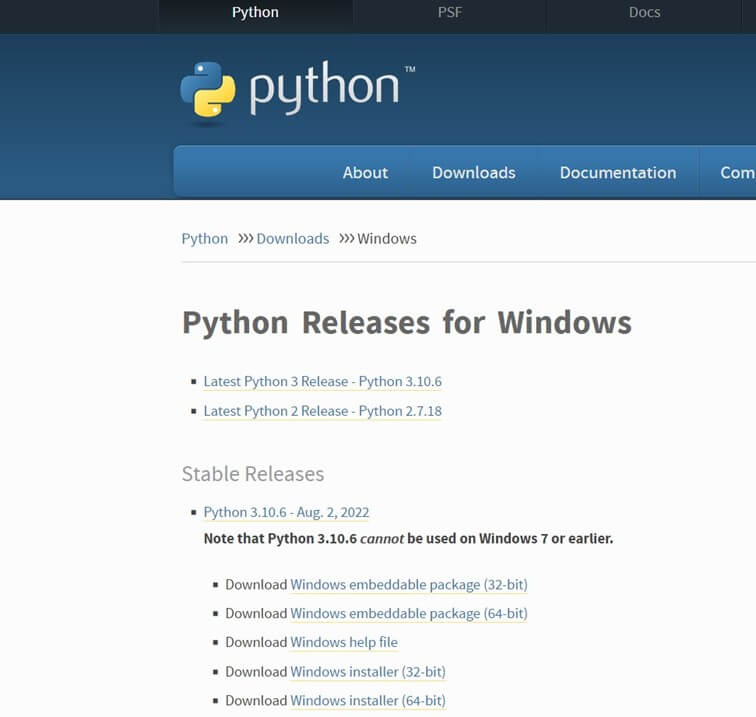 Captura de pantalla de la página de descargas de Python para Windows