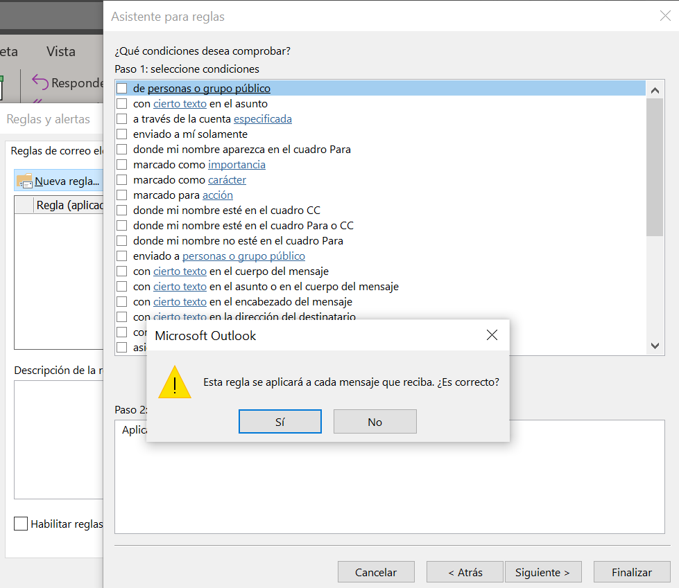 Outlook 365: asistente de reglas - condiciones de las reglas de la bandeja de entrada