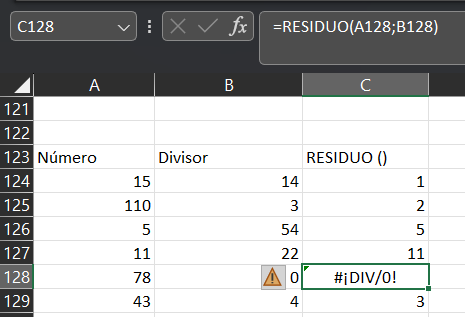 Función RESIDUO de Excel: mensaje de error #¡DIV/0!