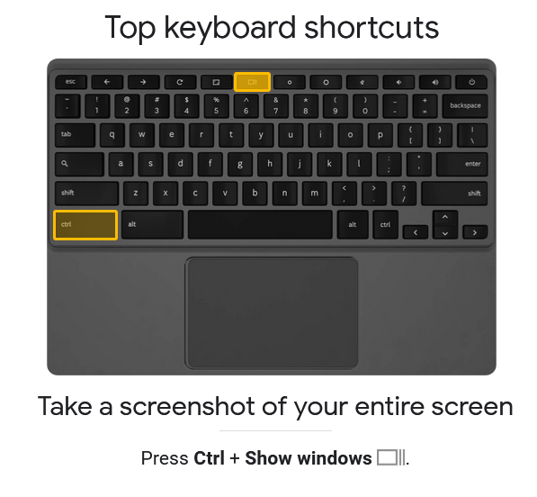 Captura de pantalla del simulador de Chromebook con la imagen de un teclado de Chromebook y las teclas “Ctrl” y “Mostrar ventanas” resaltadas