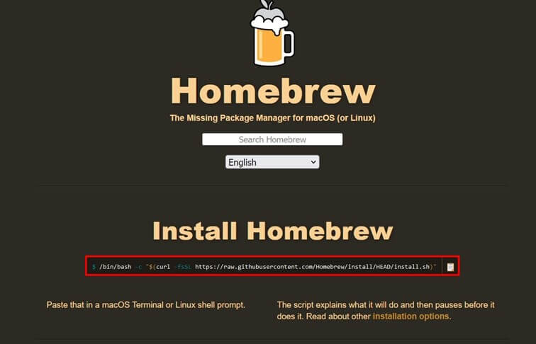Captura de pantalla de la página web de Homebrew