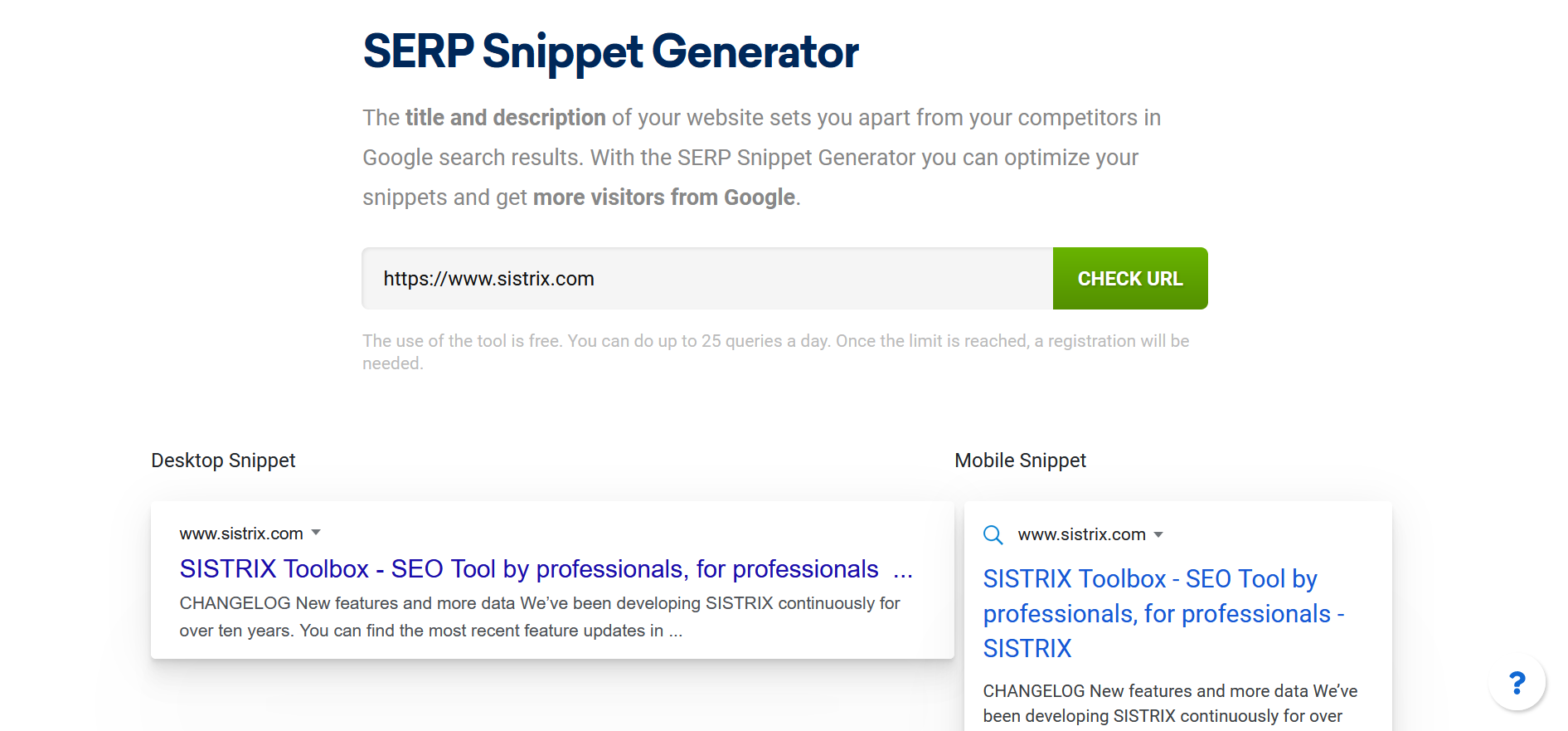 Captura de pantalla de SERP Snippet Generator de Sistrix