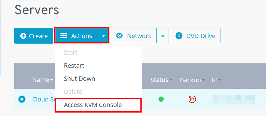 Inicar la consola KVM en la cuenta de cliente de IONOS
