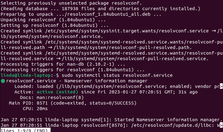 La terminal de Ubuntu comparte el estado del servicio resolvconf