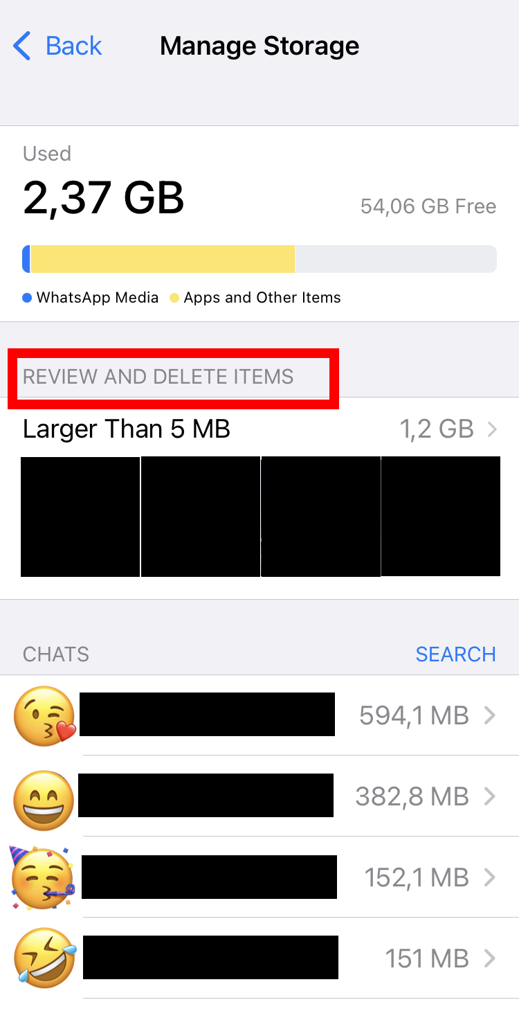 Captura de pantalla en iPhone en la gestión de la memoria en WhatsApp