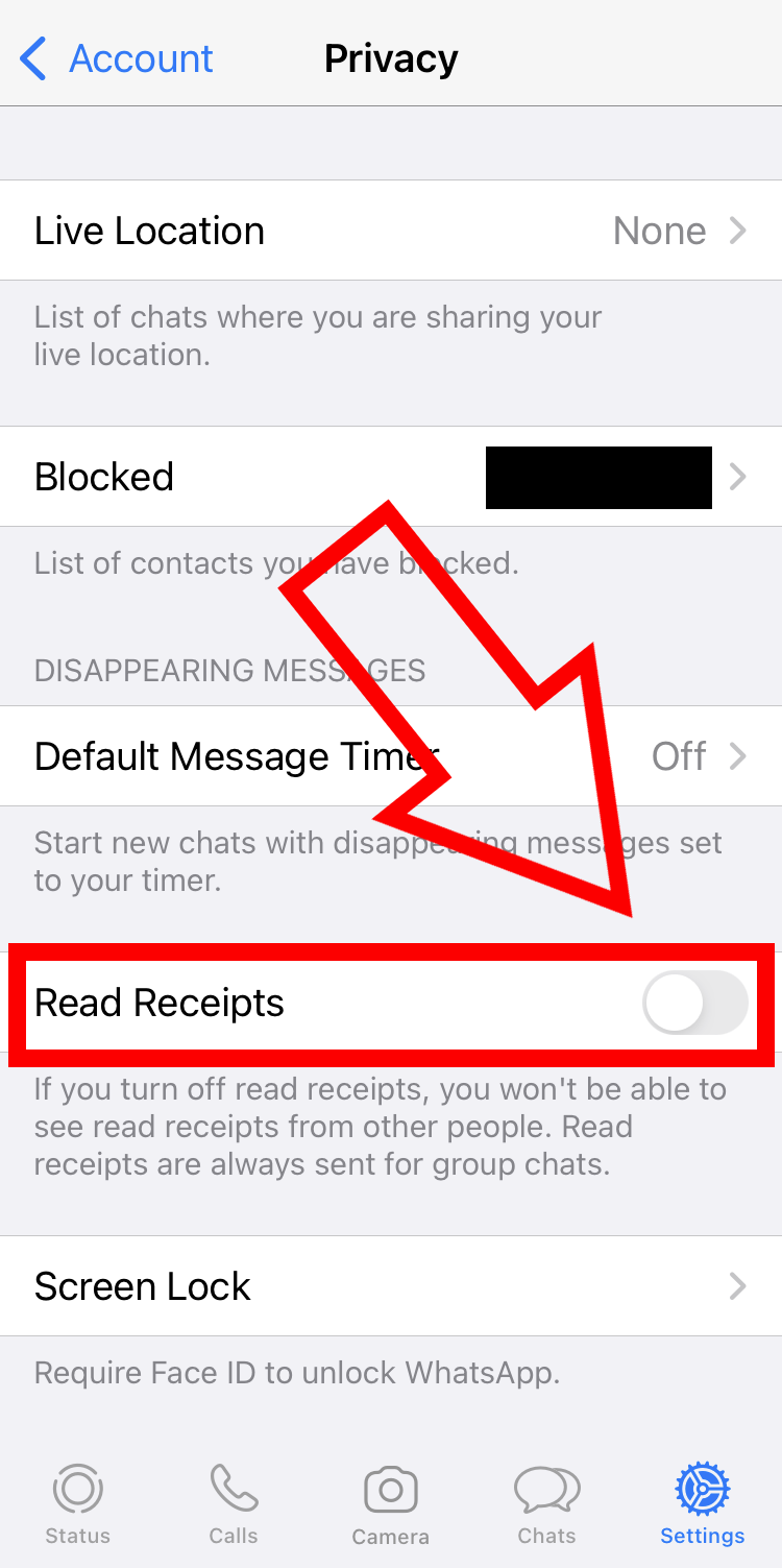 Captura de pantalla de iPhone en el panel de privacidad de WhatsApp con la opción de confirmación de lectura desactivada