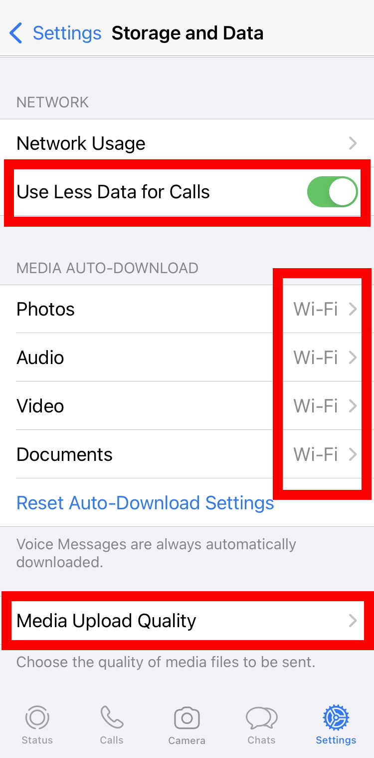 Captura de pantalla de iPhone de las opciones de “Memoria y datos” en WhatsApp