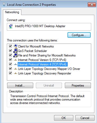 Conexión LAN en Windows 7: opción IPv4 en el menú Propiedades