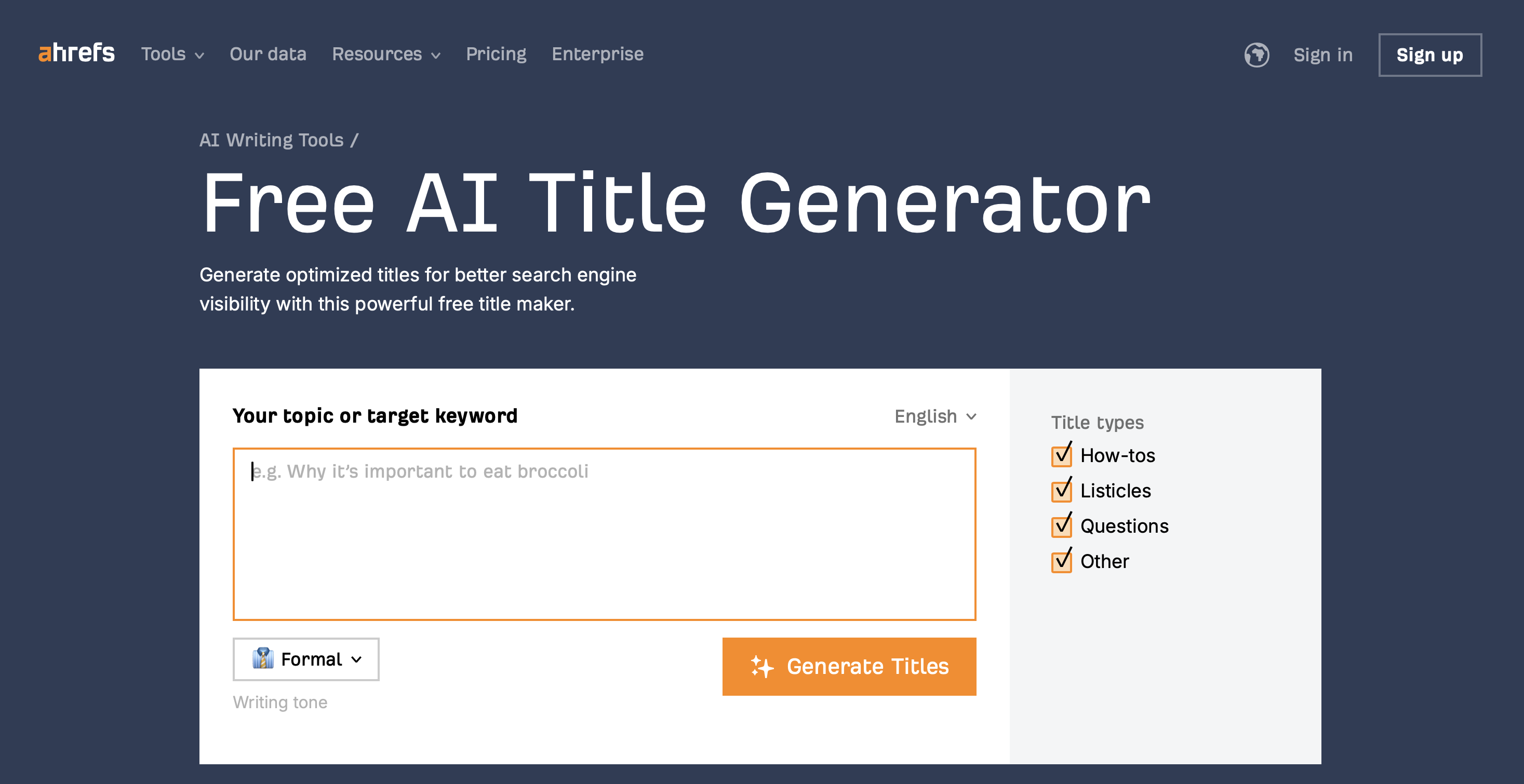 Generador de títulos con IA gratuito de Ahrefs Imagen: Generador de títulos con IA gratuito de Ahrefs