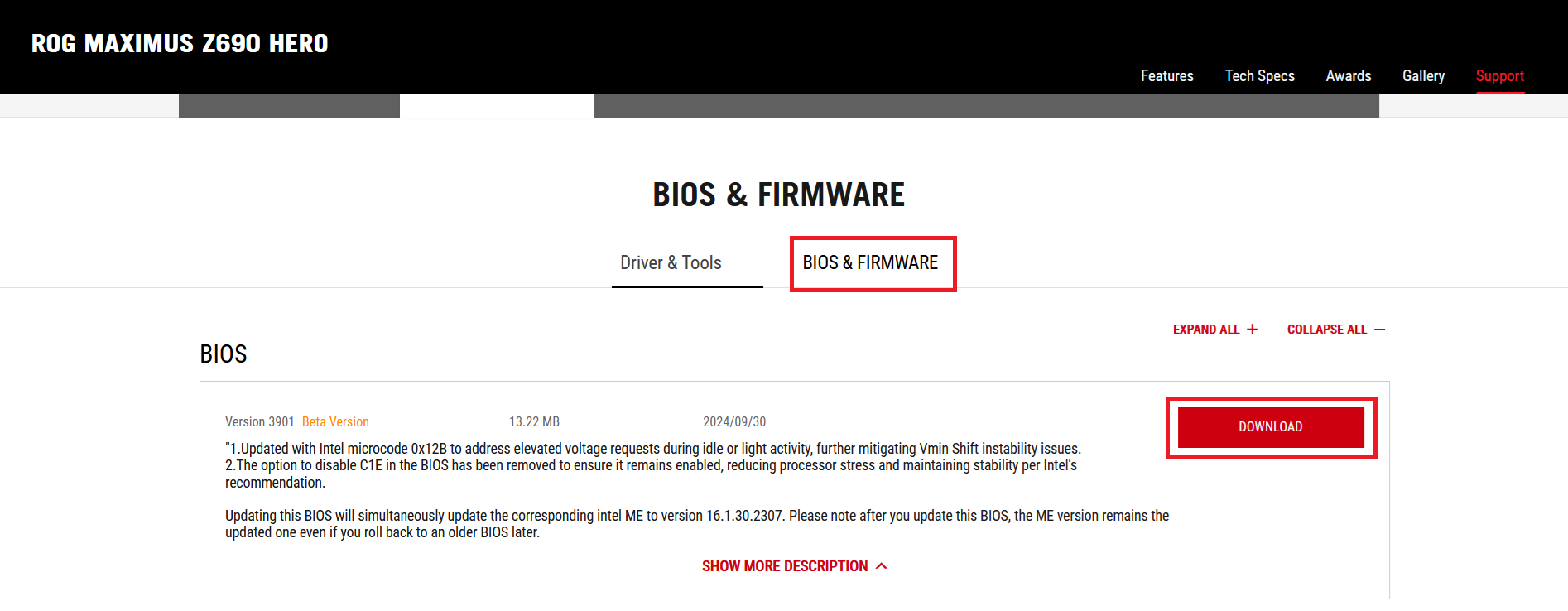 Página web de ASUS: descargar la versión actual de la BIOS Imagen: Página web de ASUS: descargar la versión actual de la BIOS