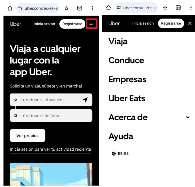 Menú de navegación off canvas en la página web de Uber Imagen: Menú de navegación off canvas en la página web de Uber
