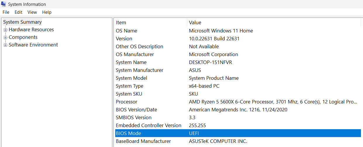 Modo BIOS en la vista general del sistema de Windows 11 Modo BIOS en la vista general del sistema de Windows 11